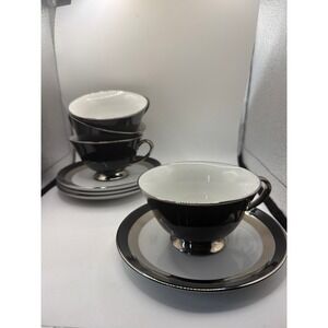 [Set of 4] Gemini Fine China Japan 3515 CUPS &SAUCERS White/BLACK PLATINUM